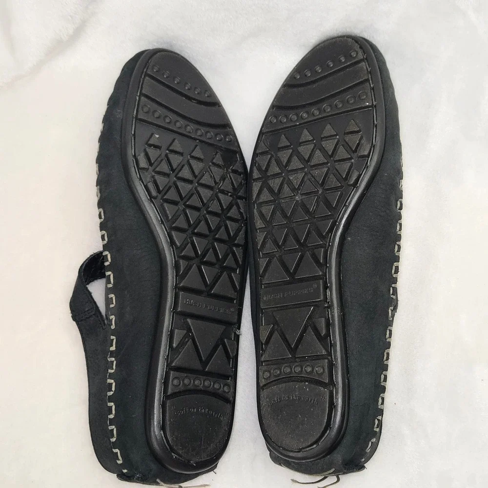 Hush Puppies Womens 8.5 W Black Leather T-Strap Sunburst Flats Shoes 58304
